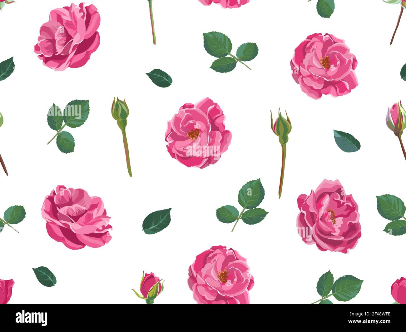 Roses or peonies, stems and leaves pattern print Stock Vector