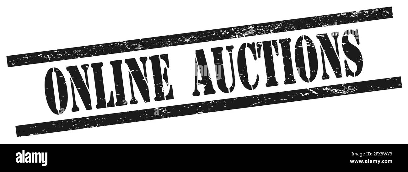 ONLINE AUCTIONS text on black grungy rectangle vintage stamp Stock