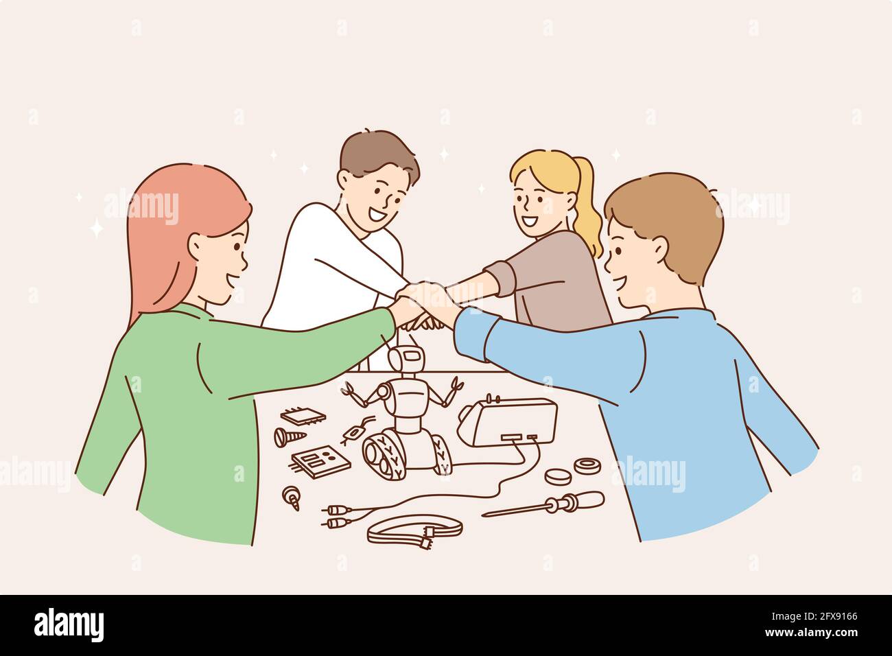 Happy children and games concept. Group of children friends cartoon characters playing together as team with robot shaking hands as union vector illustration  Stock Vector