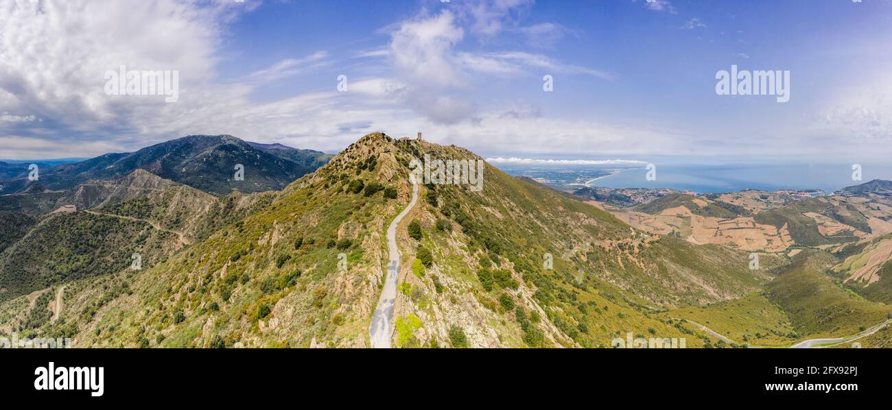 France, Pyrenees Orientales, Cote Vermeille, Port Vendres, landscape with the Tour Madeloc (aerial view) // France, Pyrénées Orientales (66), Côte Ver Stock Photo