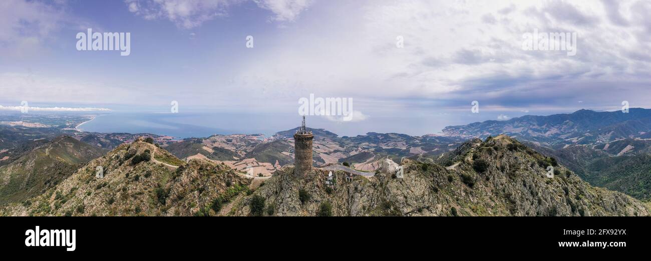 France, Pyrenees Orientales, Cote Vermeille, Port Vendres, landscape with the Tour Madeloc (aerial view) // France, Pyrénées Orientales (66), Côte Ver Stock Photo