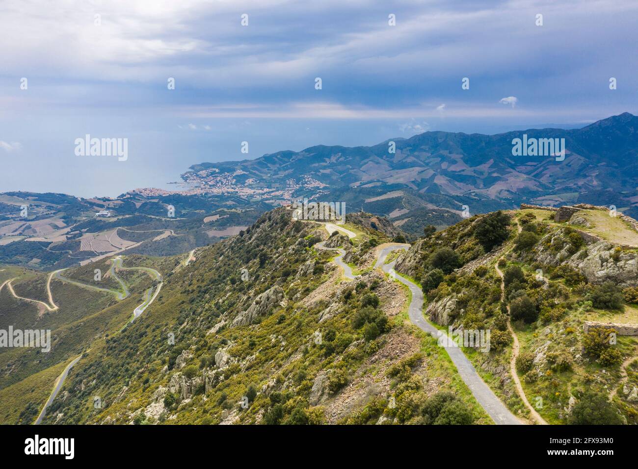 France, Pyrenees Orientales, Cote Vermeille, Port Vendres, view from the Tour de Madeloc with Banyuls-sur-Mer far away (aerial view)  // France, Pyrén Stock Photo