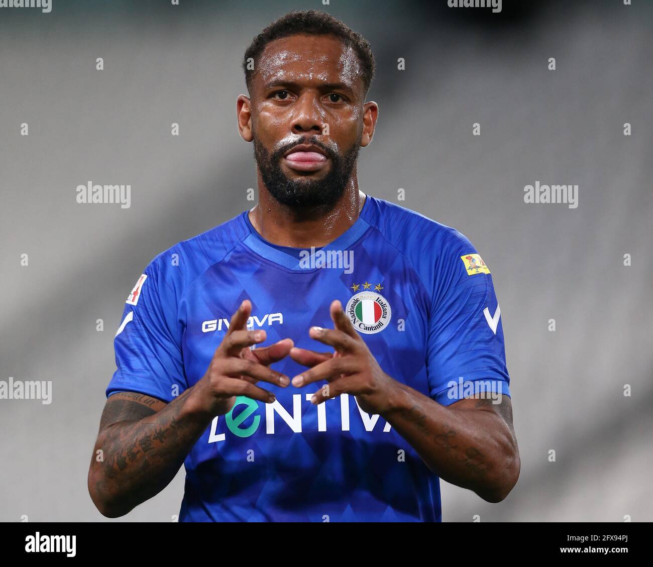 Turin, Italy, 25th May 2021. Former Brazil and FC Internazionale player Douglas Maicon reacts during the Charity Match match at Allianz Stadium, Turin. Picture credit should read: Jonathan Moscrop / Sportimage Stock Photo
