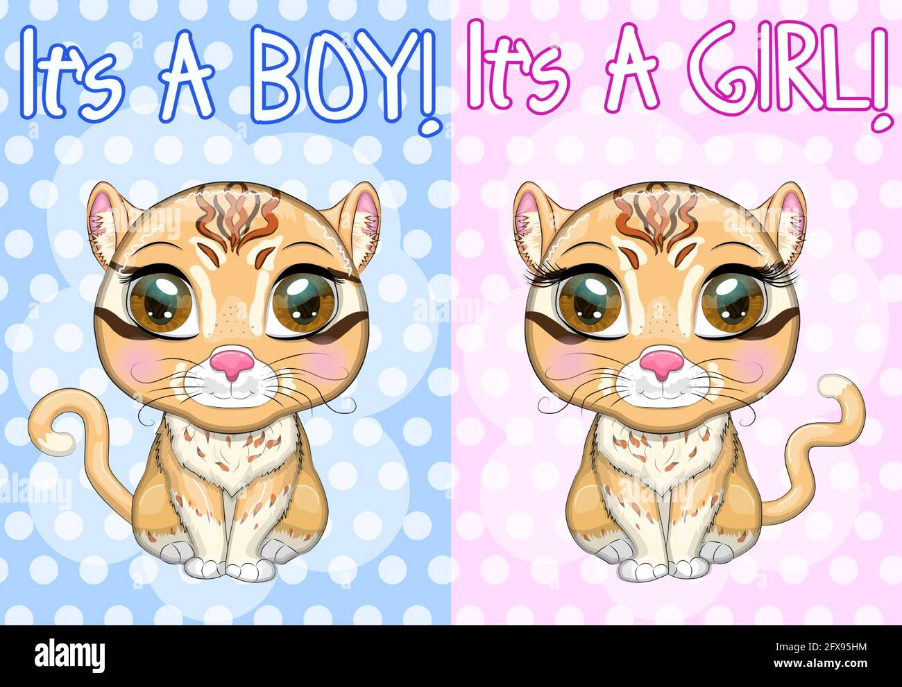 Baby Shower greeting card with Cute boy and girl. Asian golden cat with ...