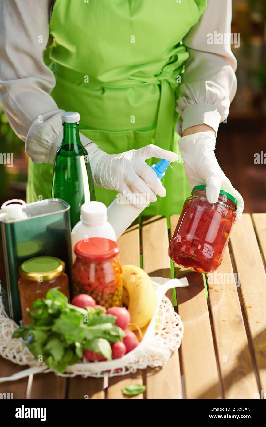 Closeup on female in green apron in modern kitchen disinfecting