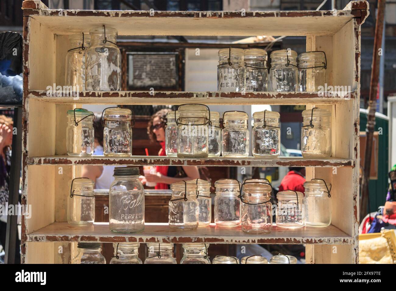 Glass jars at Chelsea Flea Market, Manhattan, New York City, USA Stock Photo