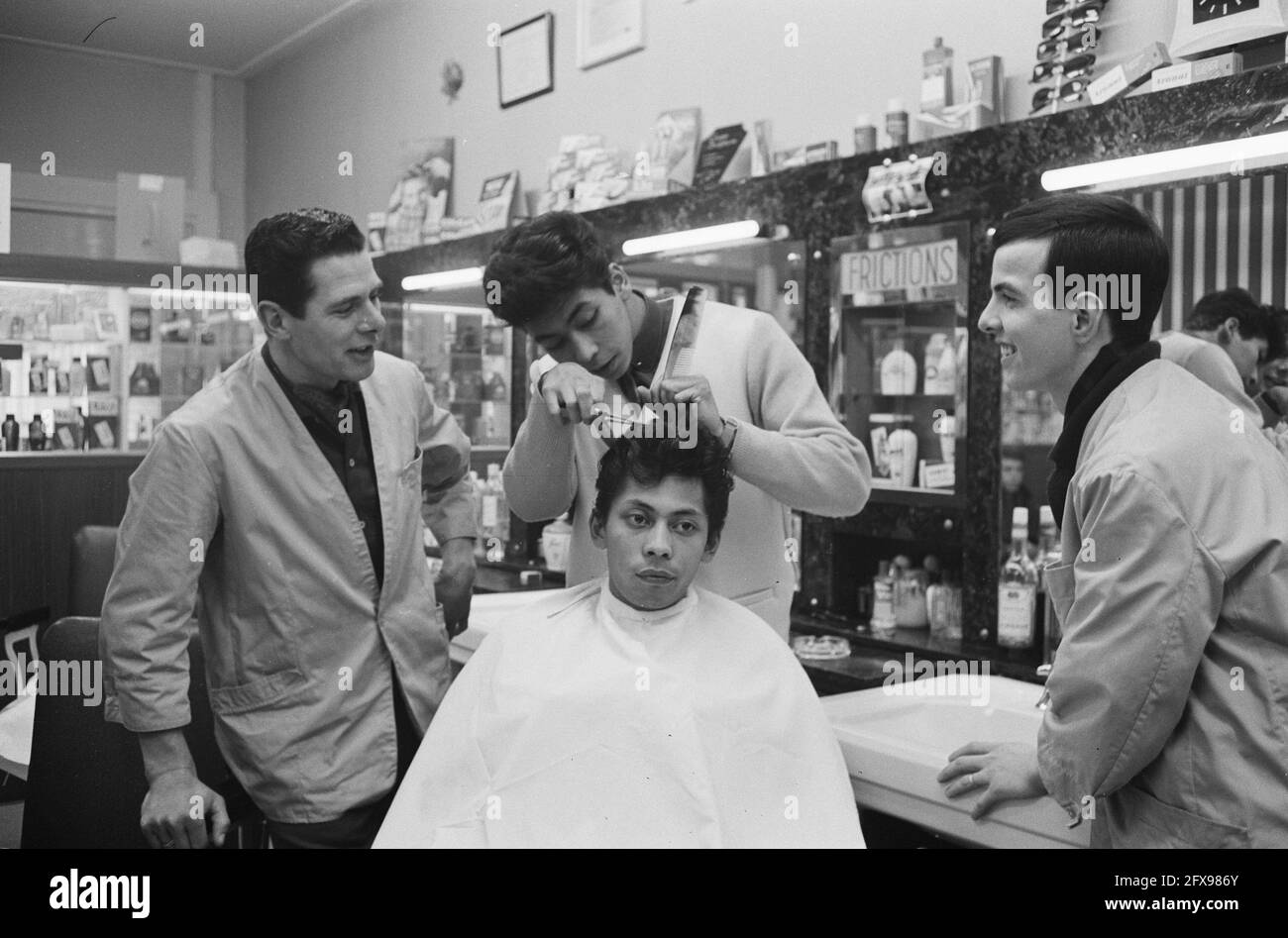 Blue Diamonds at barber shop for duty, April 3, 1962, barbers, The Netherlands, 20th century press agency photo, news to remember, documentary, historic photography 1945-1990, visual stories, human history of the Twentieth Century, capturing moments in time Stock Photo