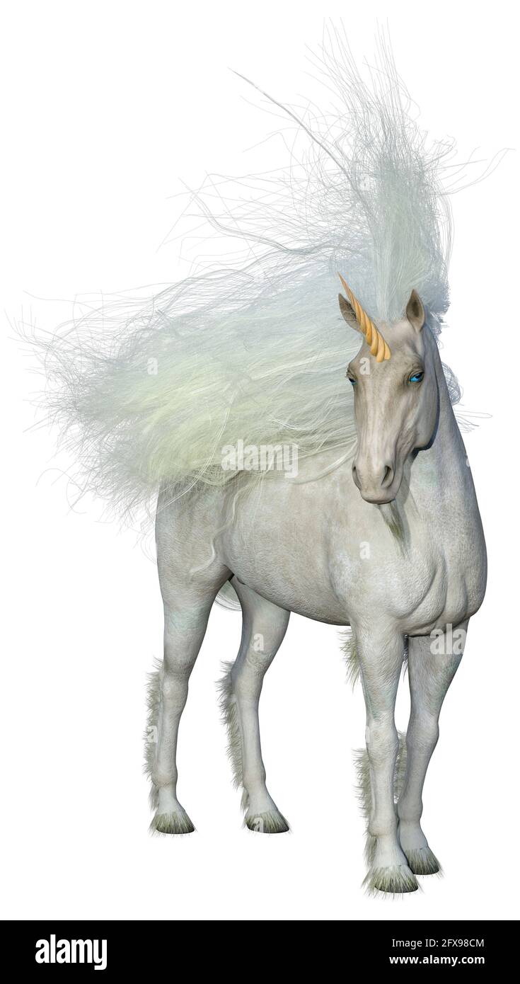 3D rendering of a fantasy white unicorn isolated on white background ...