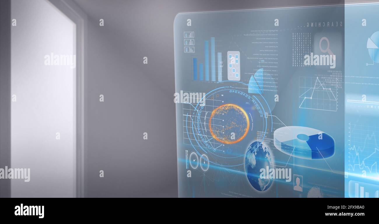 Composition of data processing on interactive screen over empty office ...