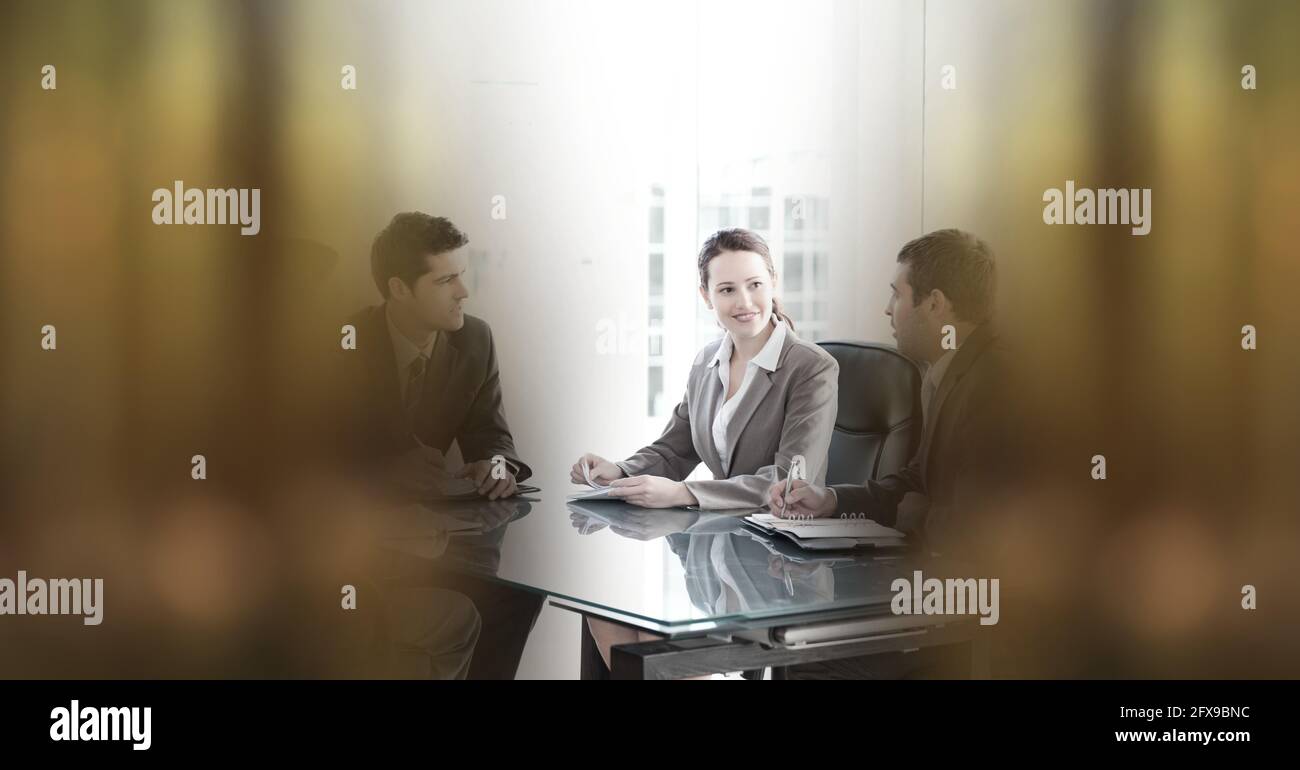 Composition of businessmen and woman in office having meeting Stock ...