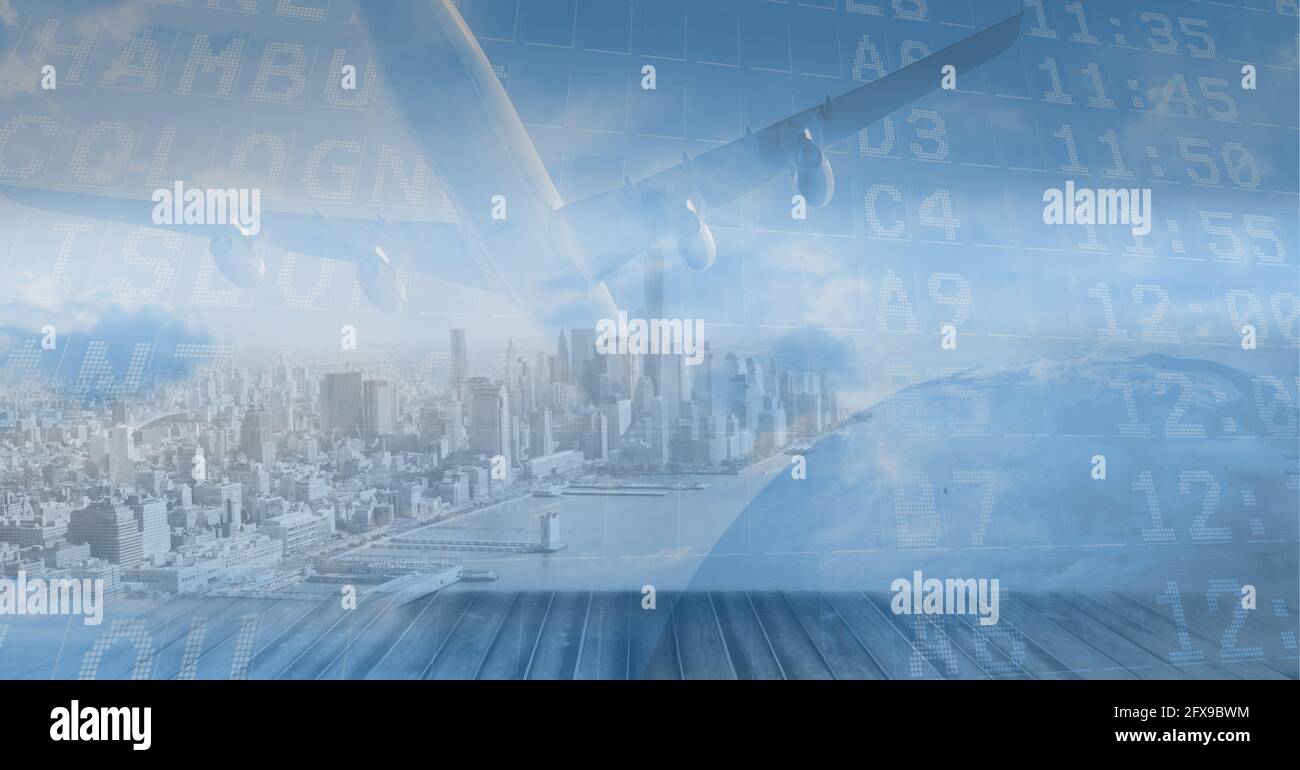 Composition of airplane and flight information over cityscape Stock ...