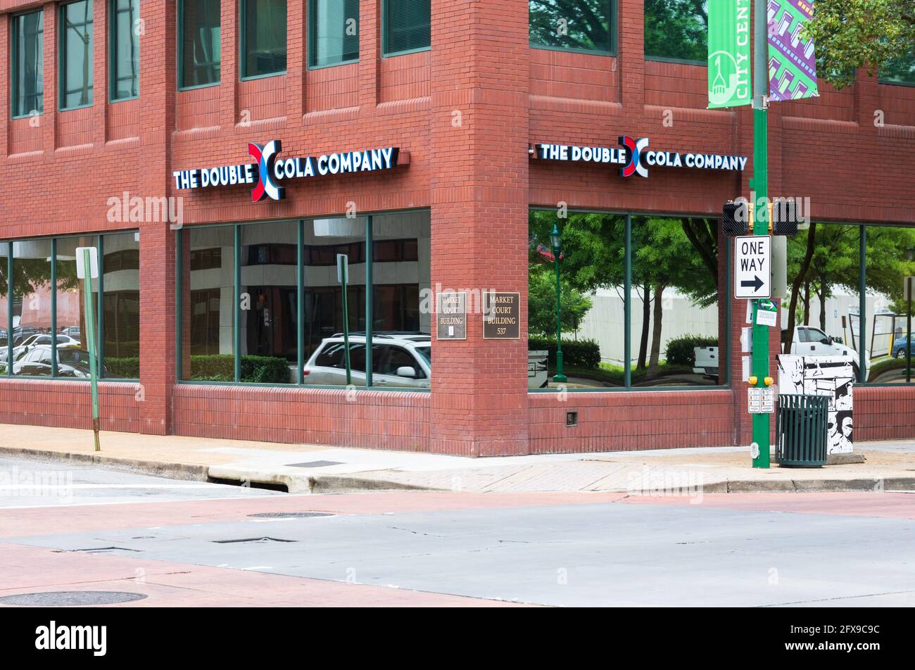 CHATTANOOGA, TN, USA-10 MAY 2021: Tight view of the Market Court Building showing the sign and logo of TheDouble Cola Company. Stock Photo