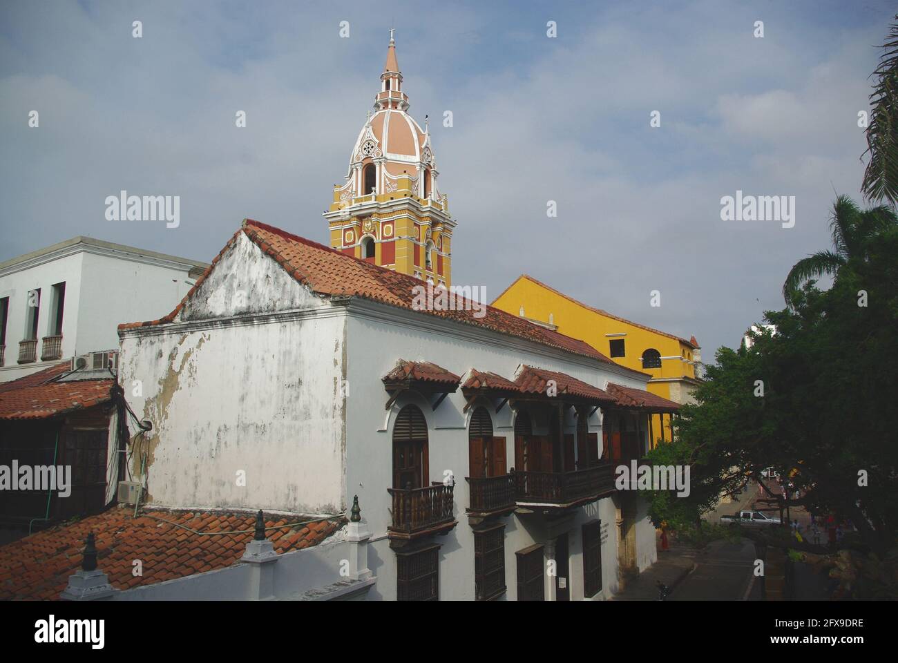 Colonial era houses and the dome of the cathedral, Cartagena, Colombia, South America Stock Photo