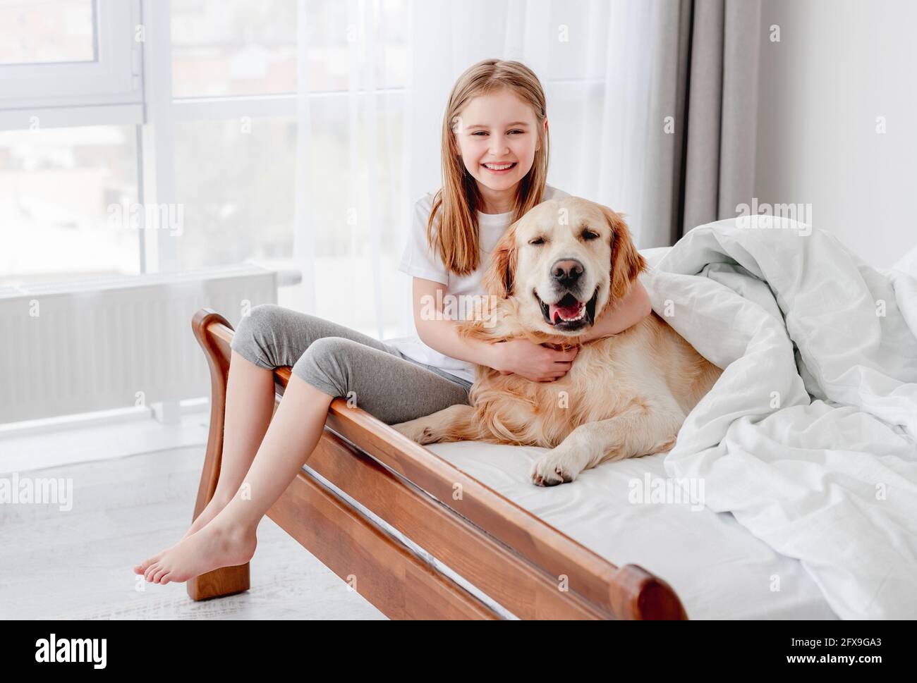 Girl with golden retriever dog in the bed Stock Photo - Alamy