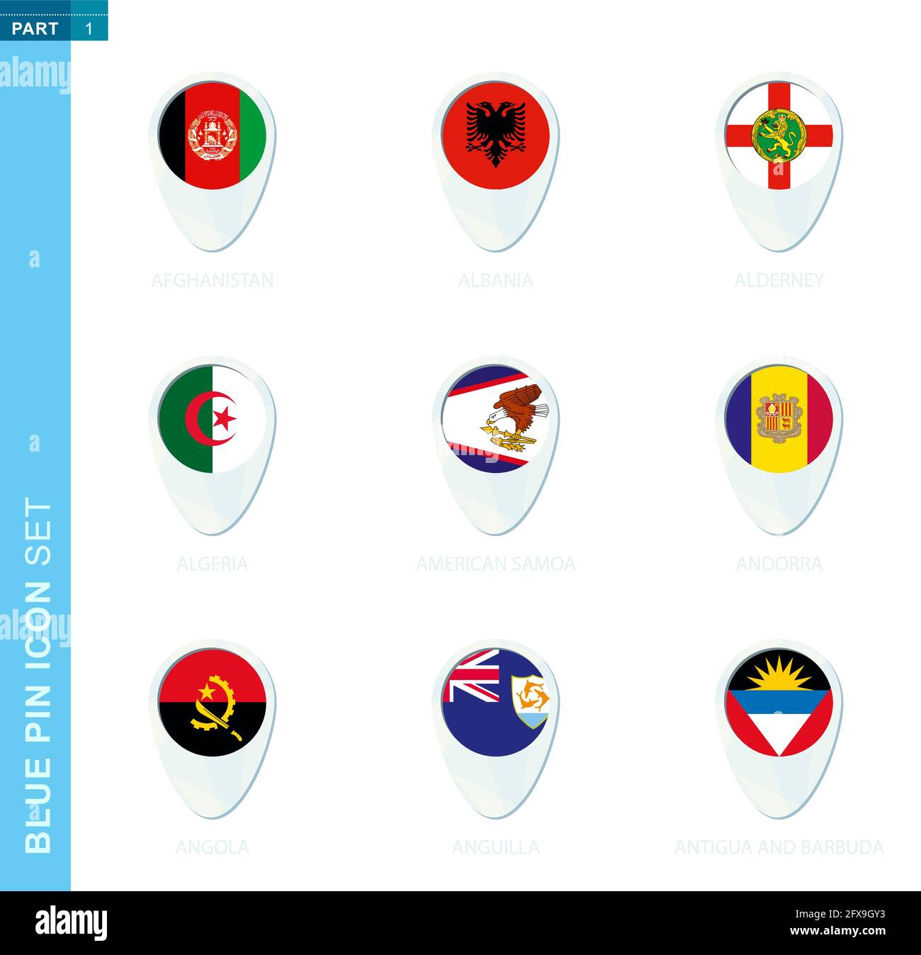 Pin flag set, map location icon in blue colors with flag of Afghanistan, Albania, Alderney, Algeria, American Samoa, Andorra, Angola, Anguilla, Antigu Stock Vector