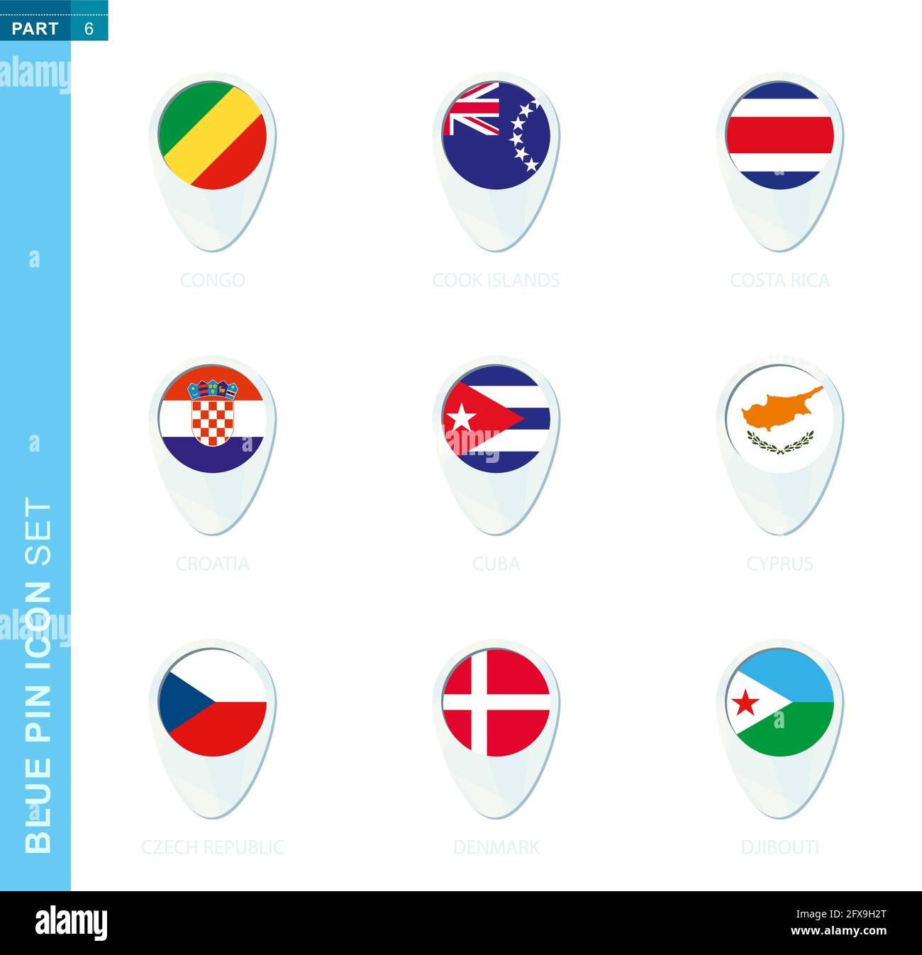 Pin flag set, map location icon in blue colors with flag of Congo, Cook Islands, Costa Rica, Croatia, Cuba, Cyprus, Czech Republic, Denmark, Djibouti Stock Vector