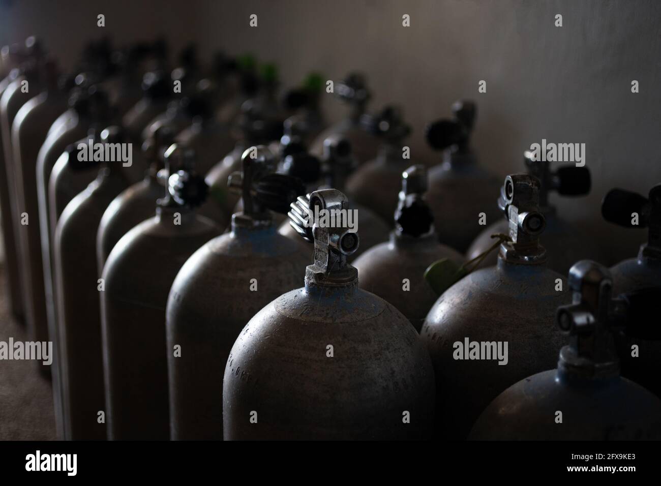 Metal tanks for scuba diving filled with compressed air Stock Photo