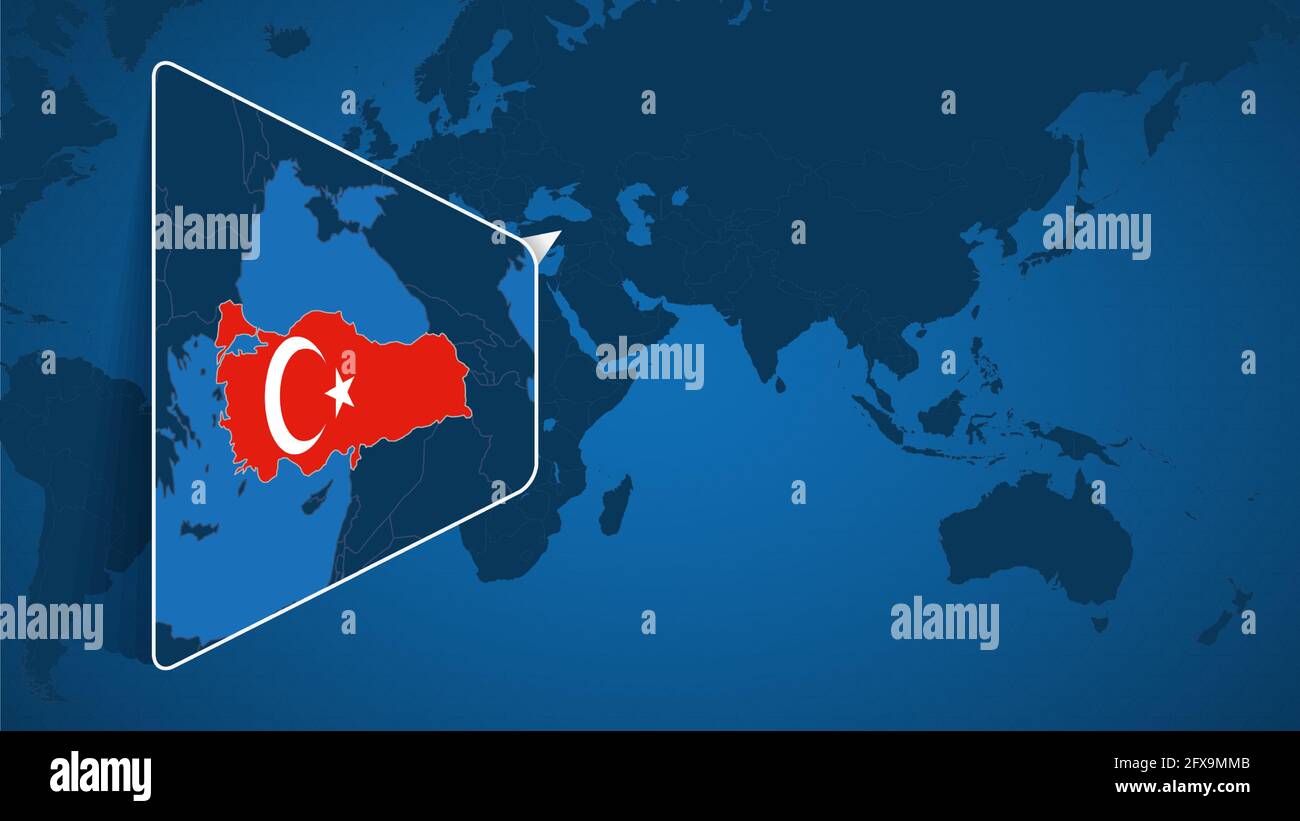 Location of Turkey on the World Map with Enlarged Map of Turkey with Flag. Geographical Vector