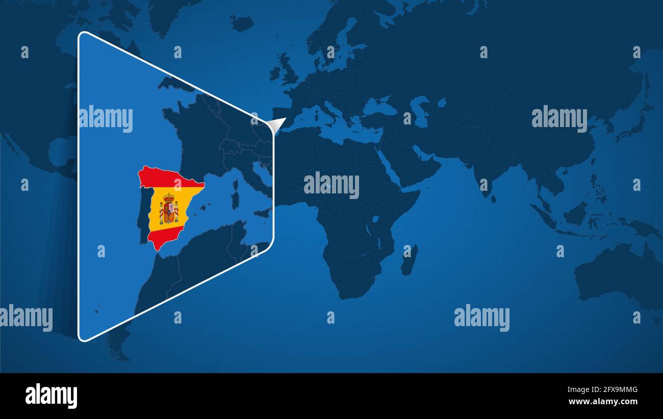 Location Of Spain On The World Map With Enlarged Map Of Spain With Flag Location Of Spain On The World Map With Enlarged Map Of Spain With Flag Geographical Vector Template For Your Design 2FX9MMG