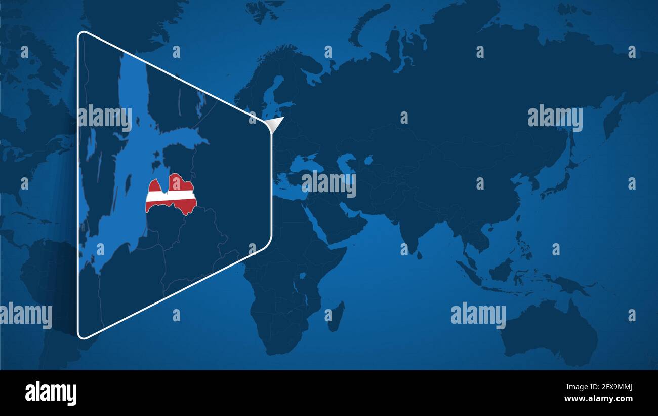 Location Of Latvia On The World Map With Enlarged Map Of Latvia With Location Of Latvia On The World Map With Enlarged Map Of Latvia With Flag Geographical Vector Template For Your Design 2FX9MMJ 