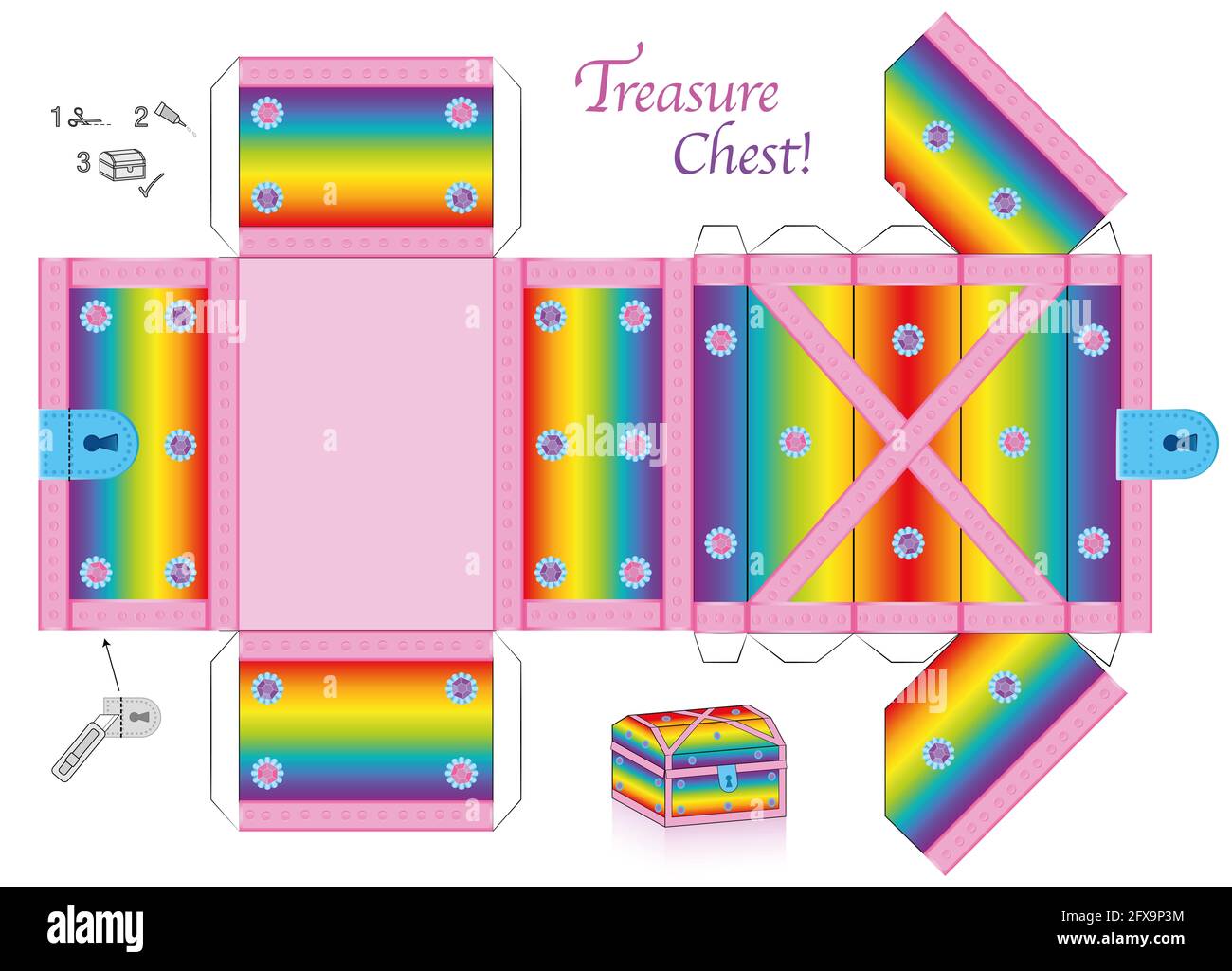 Treasure chest template. Rainbow colored paper model. Cut out, fold and glue it. With lid that can be opened. Colorful box for precious objects. Stock Photo