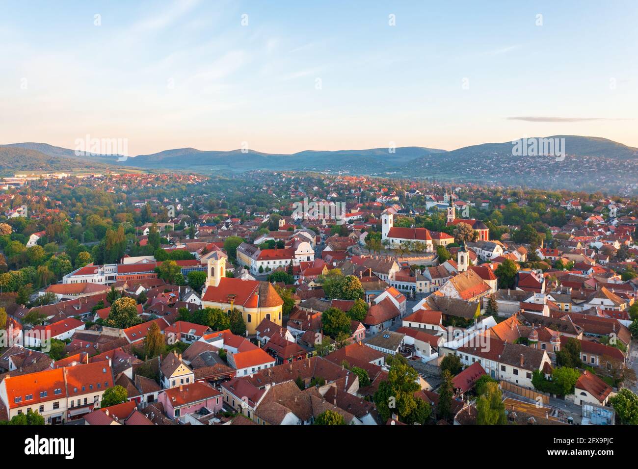 Szentendre, Hungary the city of arts from birds eye view. Aerial cityscape. Stock Photo