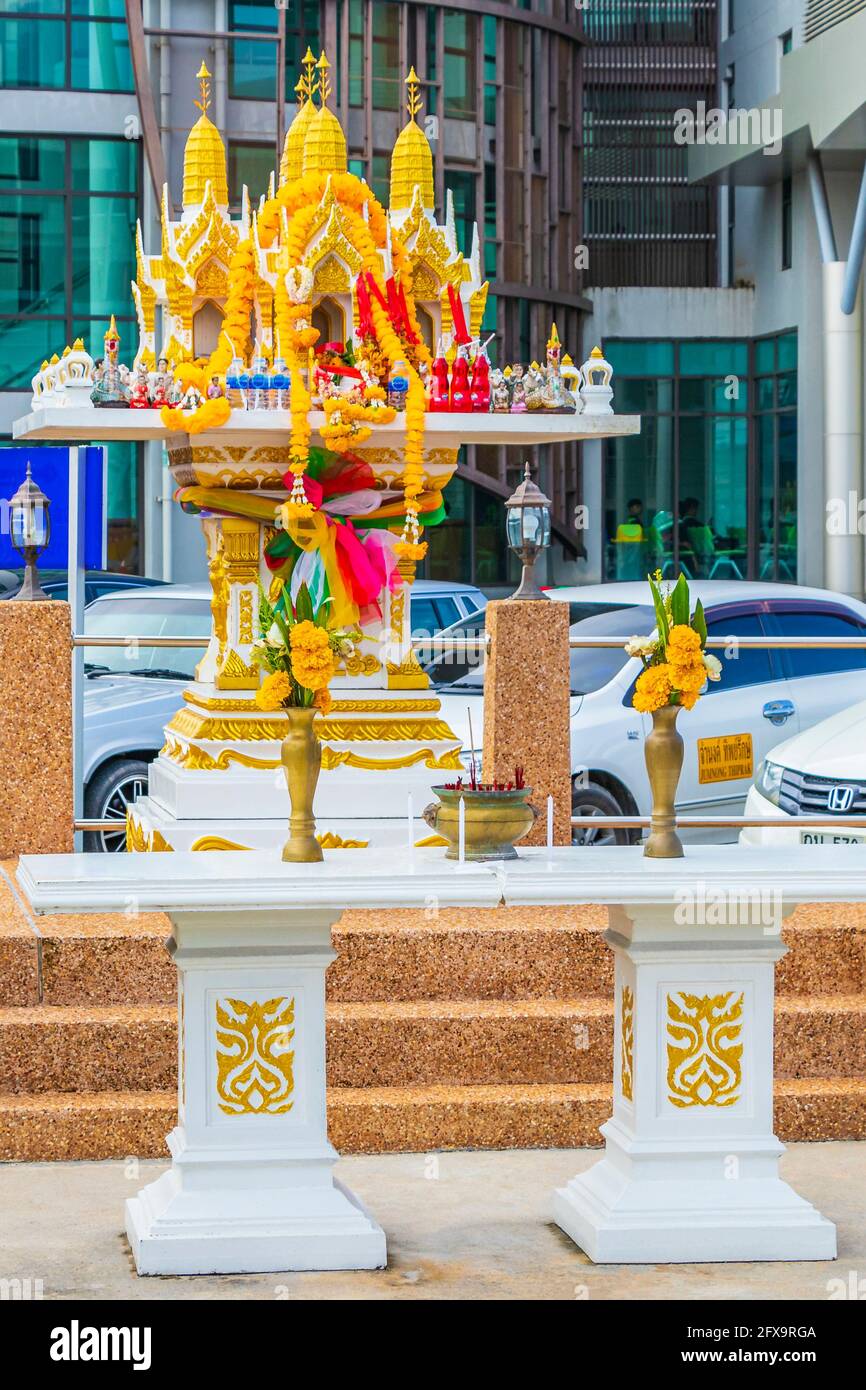 Phuket Thailand 10. October 2018 Golden household god shrine at Phuket International Airport Thalang Phuket Thailand. Stock Photo
