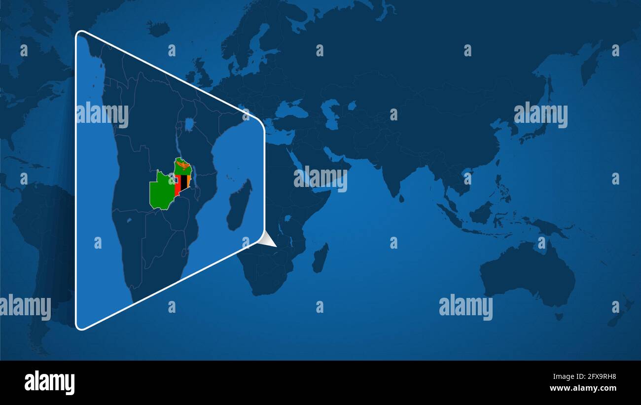 Location of Zambia on the World Map with Enlarged Map of Zambia with Flag. Geographical Vector