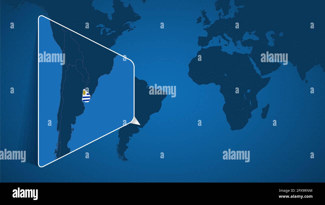 Uruguay Location On World Map Location Of Uruguay On The World Map With Enlarged Map Of Uruguay With Flag Vector Template For Your Design 2FX9RNM 