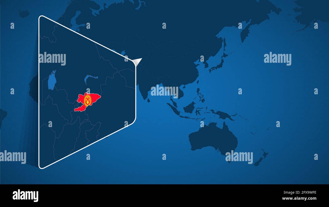 Location Of Kyrgyzstan On The World Map With Enlarged Map Of Kyrgyzstan Location Of Kyrgyzstan On The World Map With Enlarged Map Of Kyrgyzstan With Flag Geographical Vector Template For Your Design 2FX9WFE
