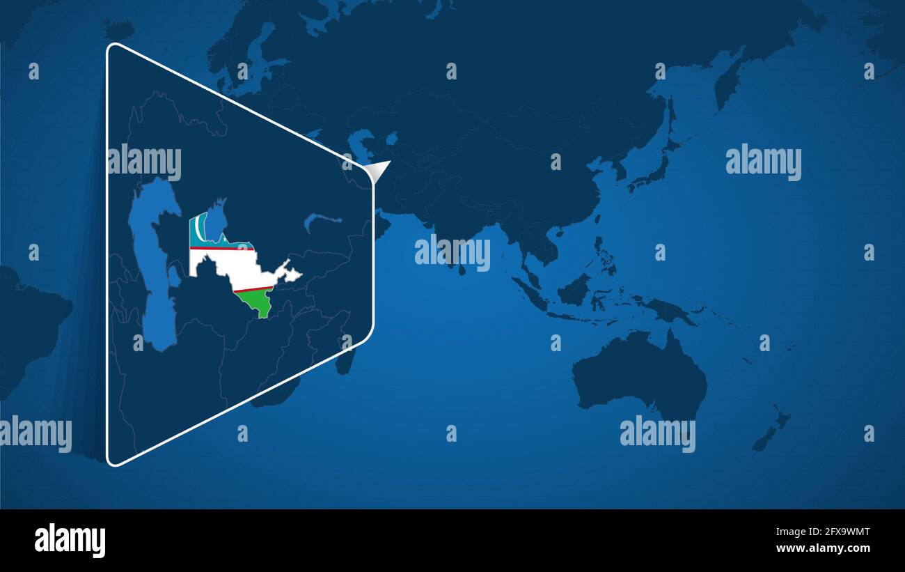 Location Of Uzbekistan On The World Map With Enlarged Map Of Uzbekistan Location Of Uzbekistan On The World Map With Enlarged Map Of Uzbekistan With Flag Geographical Vector Template For Your Design 2FX9WMT 