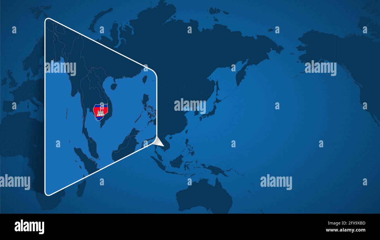 Location Of Cambodia On The World Map With Enlarged Map Of Cambodia Location Of Cambodia On The World Map With Enlarged Map Of Cambodia With Flag Geographical Vector Template For Your Design 2FX9XBD