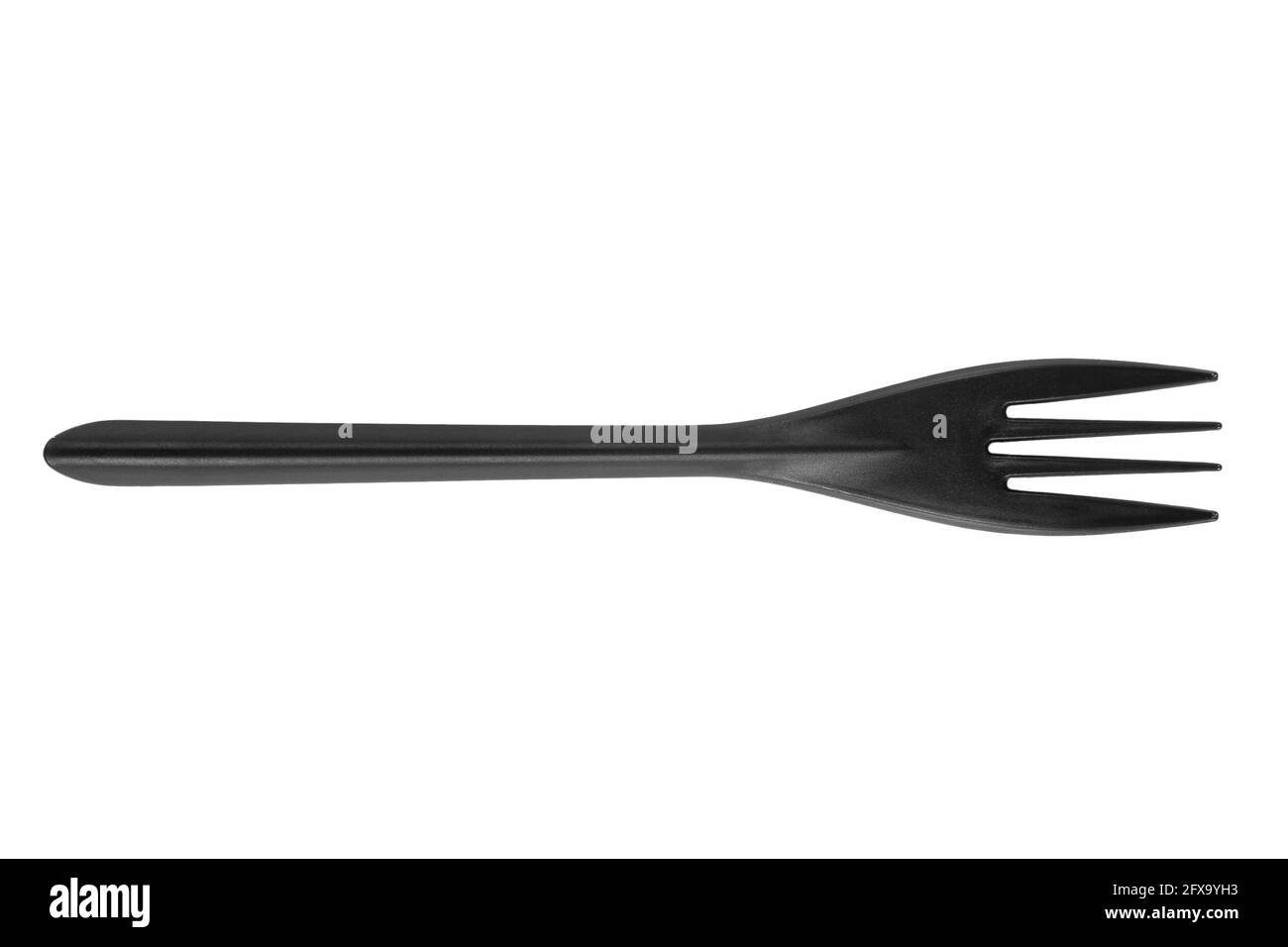 Black plastic fork isolated on white background. Disposable tableware set isolated with clipping path. Stock Photo