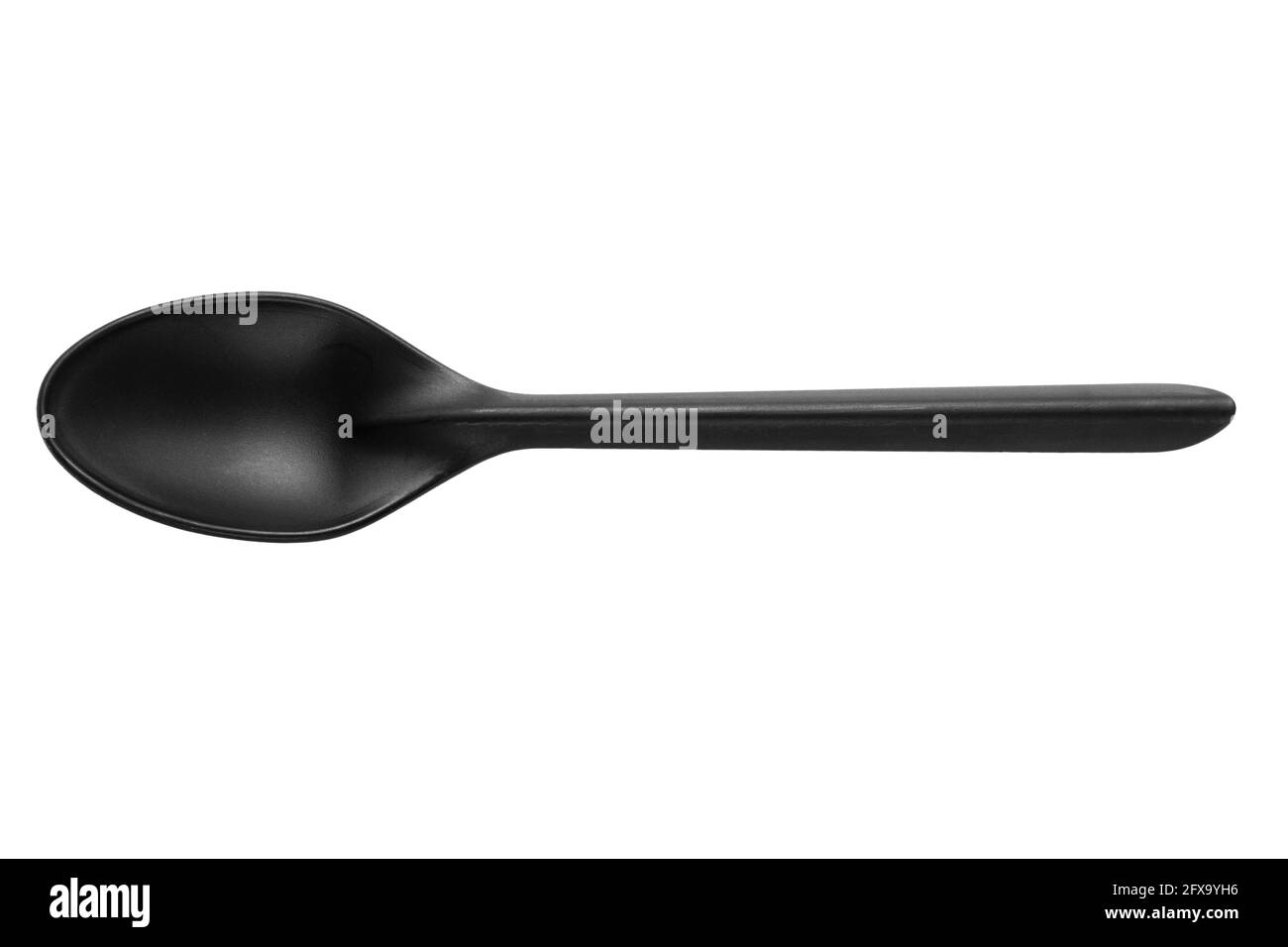 Black plastic spoon isolated on white background. Disposable tableware set isolated with clipping path. Stock Photo