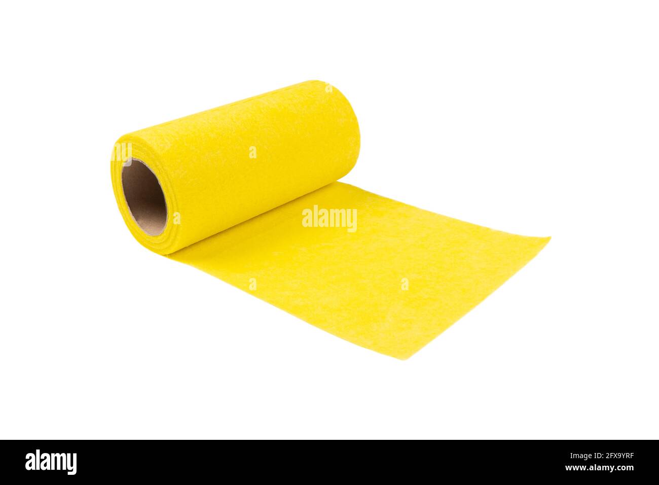 Yellow microfiber cloth for cleaning in a roll isolated on white background with clipping path
