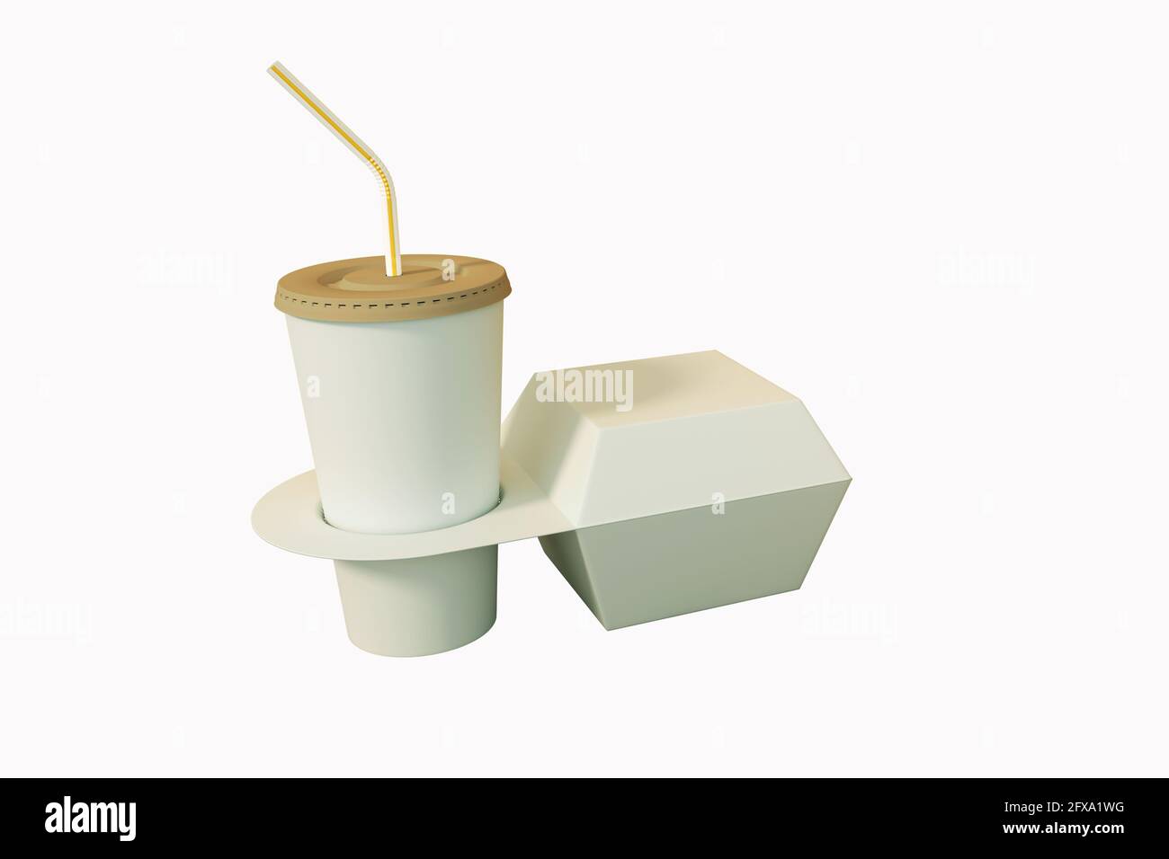 Fast food packaging set. Paper coffee cups in holder, food box 3D rendering. Stock Photo