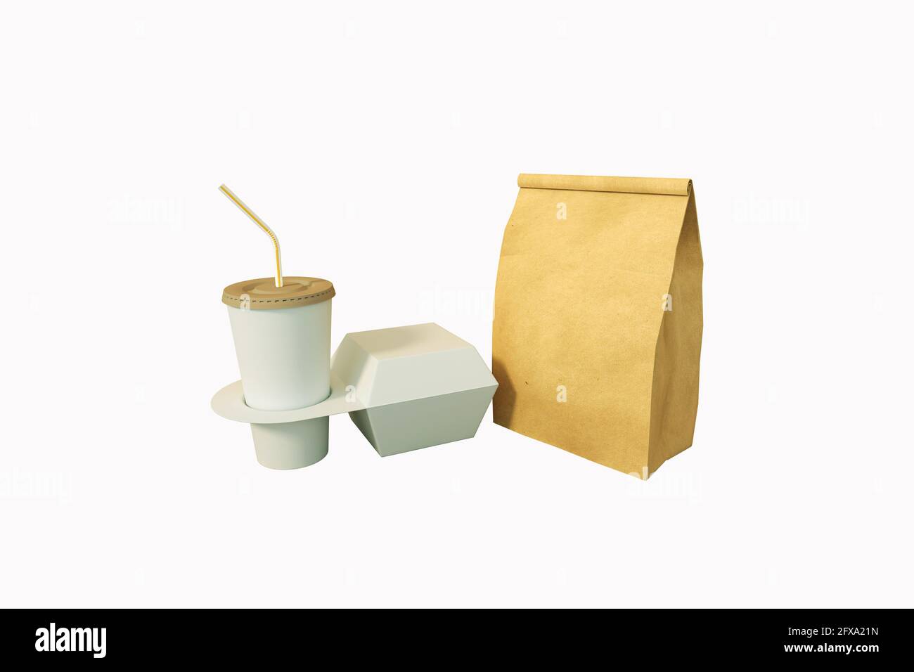 Fast food packaging set. Paper coffee cups in holder, food box 3D