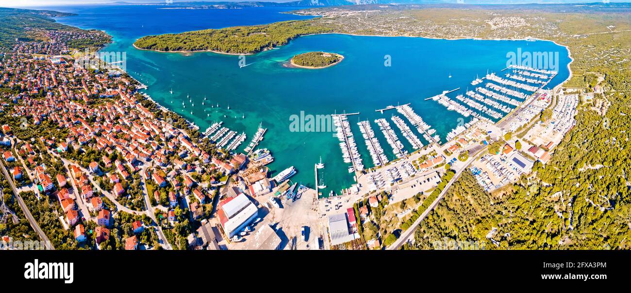 Punat. Town of Punat and monastery island of Kosljun aerial panoramic view, Island of Krk, Kvarner bay of Croatia Stock Photo