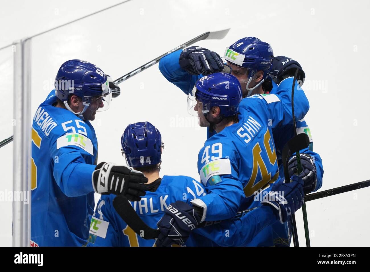 Riga Arena Riga Kazakhstan 26th May 2021 Vs Germany 2021 Iihf Ice Hockey World Championship 55 Ivan Stepanenko Kazakhstan 14 Curtis Valk Kazakhstan 49 Alexander Shin Kazakhstan 4 Yegor Shalapov Kazakhstan Celebrates