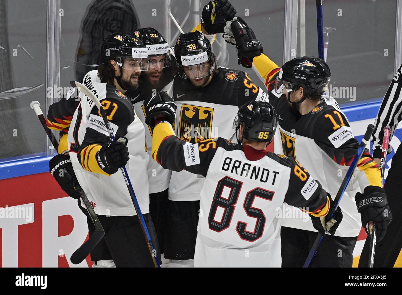 Riga, Latvia. 26th May, 2021. L-R Nicolas Krammer, Matthias Plachta, Markus Eisenschmid, Marcel Brandt and Marco Nowak (all GER) celebrate the afterward disclaimed goal during the 2021 IIHF Ice Hockey World Championship, Group B match Kazakhstan vs Germany, played in Riga, Latvia, on May 26, 2021. Credit: Vit Simanek/CTK Photo/Alamy Live News Stock Photo
