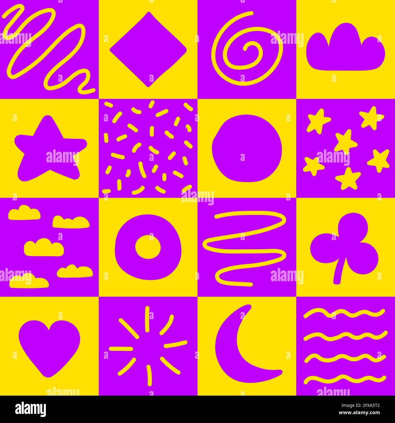 Bright hand drawn seamless pattern in purple and yellow colors. Modern trendy vector illustration of simple geometric shapes, doodles and elements Stock Vector