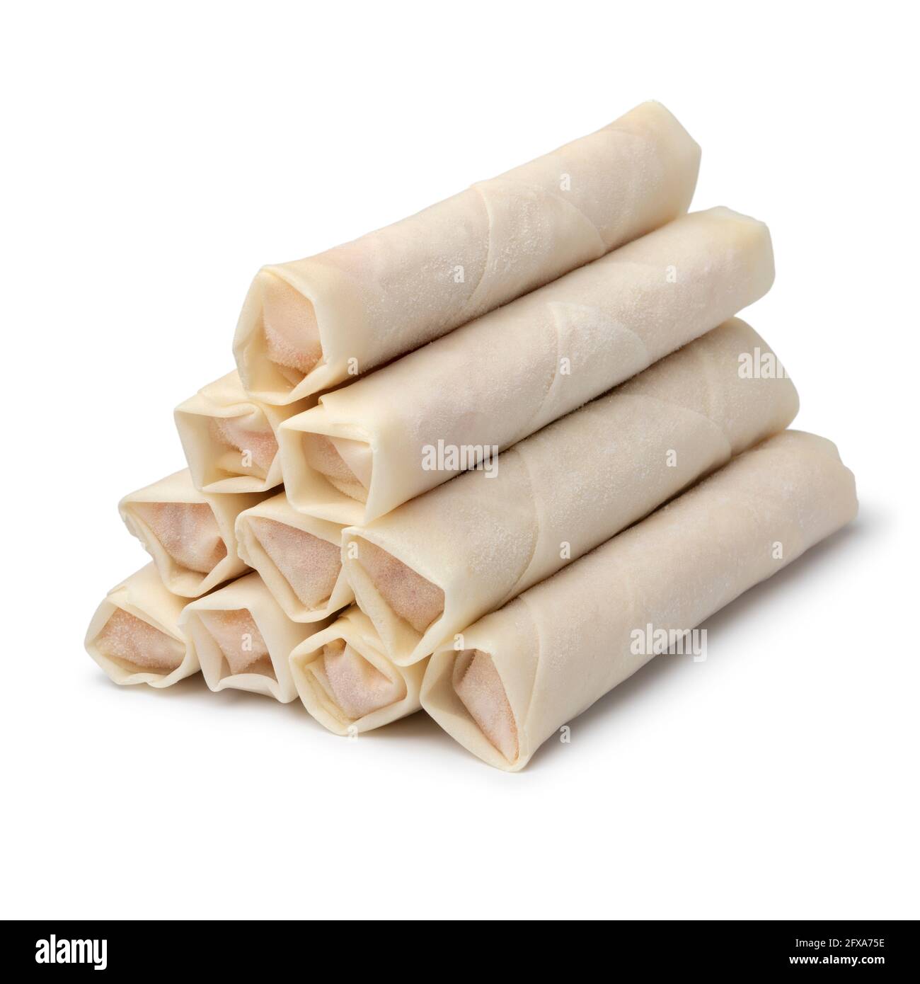 Heap of raw frozen Vietnamese egg rolls isolated on white background Stock Photo