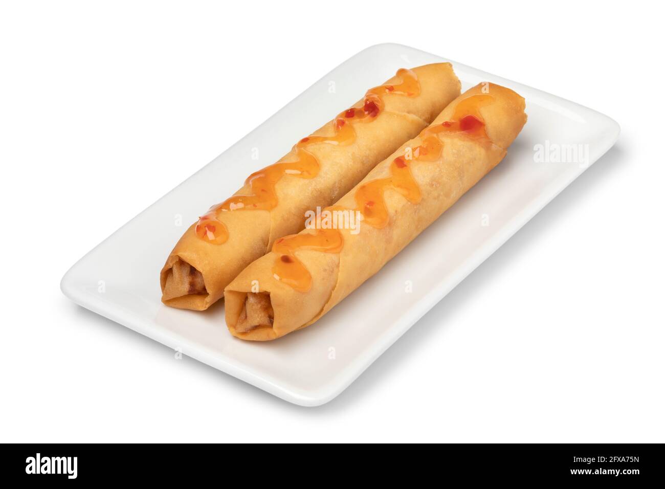 Plate with a pair of crispy deep fried Vietnamese egg rolls and sauce
