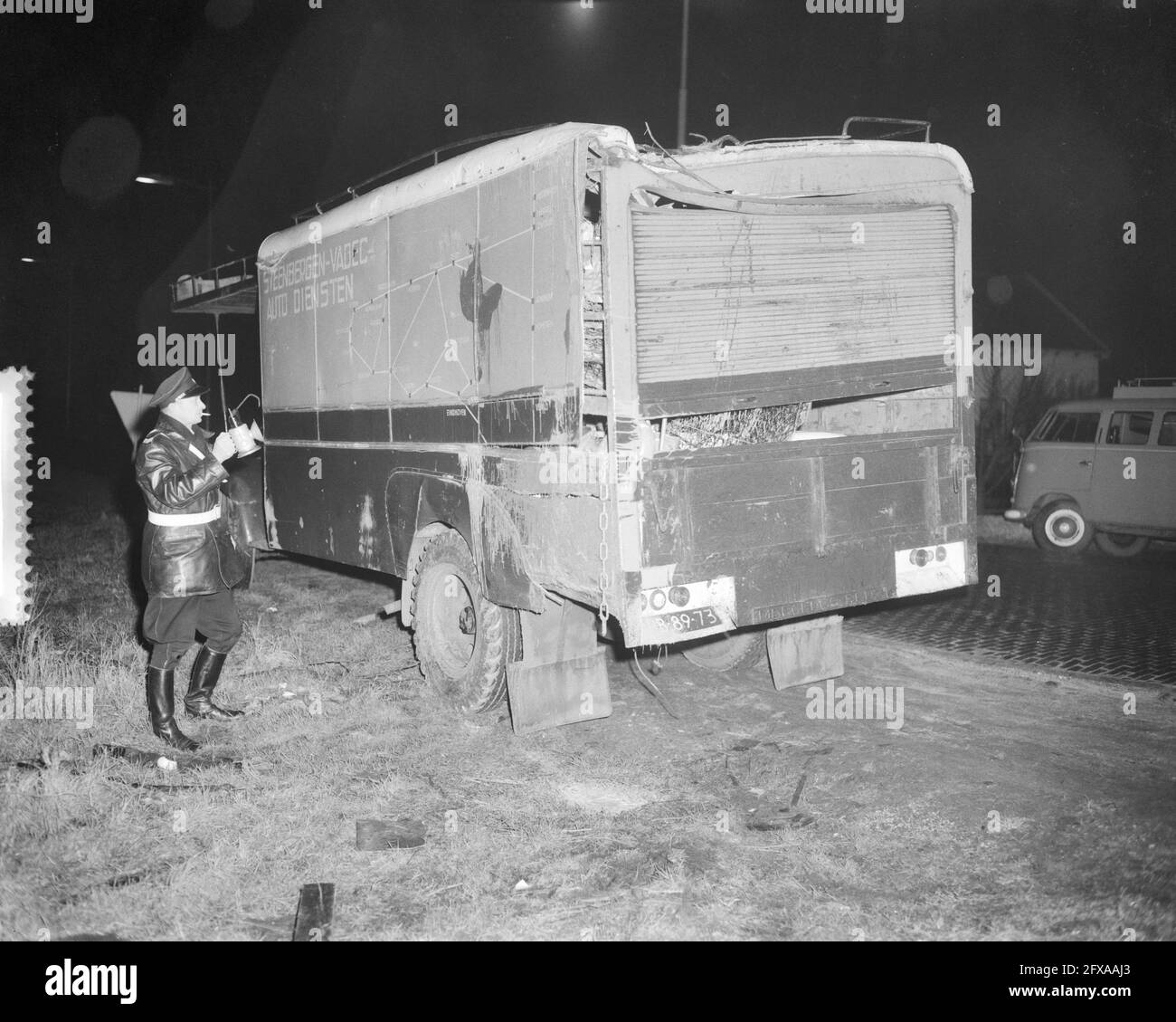 Fatal car accident in Rotterdam, road Rotterdam-Utrecht the truck, January 27, 1960, Car accidents, trucks, The Netherlands, 20th century press agency photo, news to remember, documentary, historic photography 1945-1990, visual stories, human history of the Twentieth Century, capturing moments in time Stock Photo