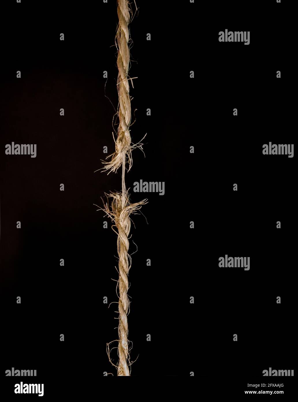 The rope becomes unraveled and dangerously weak. Copy space, low-key, isolated. Stock Photo