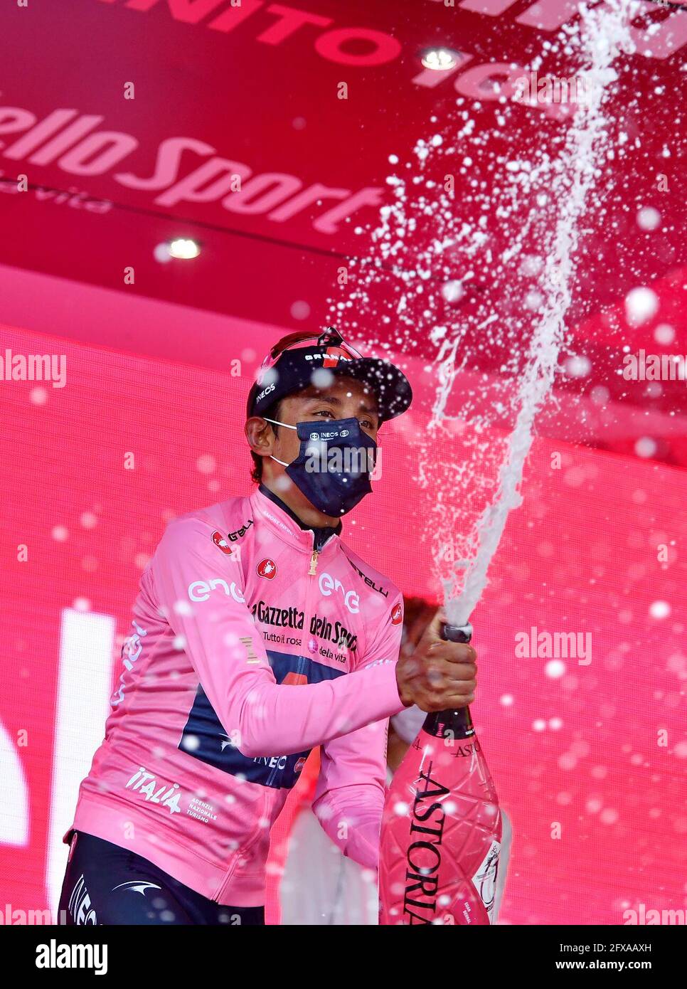 Cycling - Giro d'Italia - Stage 17 - Canazei to Sega di Ala, Italy - May  26, 2021 Ineos Grenadiers rider Egan Arley Bernal Gomez of Colombia  celebrates wearing the maglia rosa
