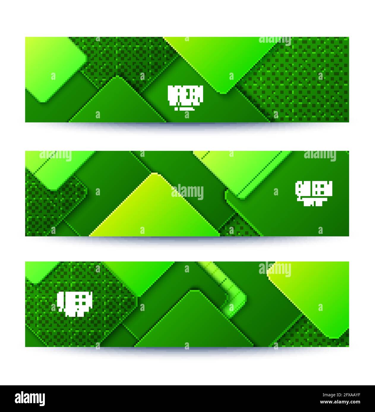 Abstract three green banners with layered rhomb shapes dark and light green color. Vector flyers minimalist paper cut geometric pattern. Design Stock Vector