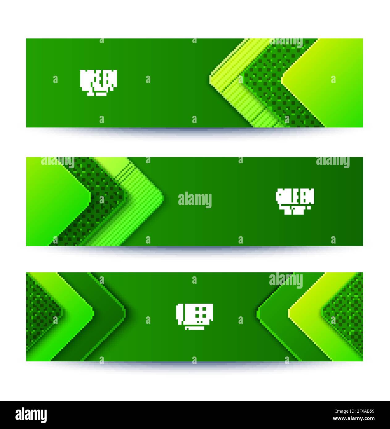 Abstract three green banners with layered angle shapes. Vector flyers minimalist paper cut geometric pattern. Design concept for celebrating card of Stock Vector