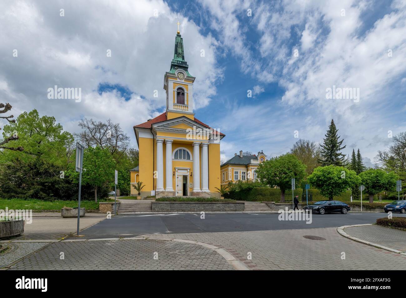 Catholic Church of the Exaltation of the Holy Cross in Empire style in great Czech spa town Frantiskovy Lazne (Franzensbad) Stock Photo
