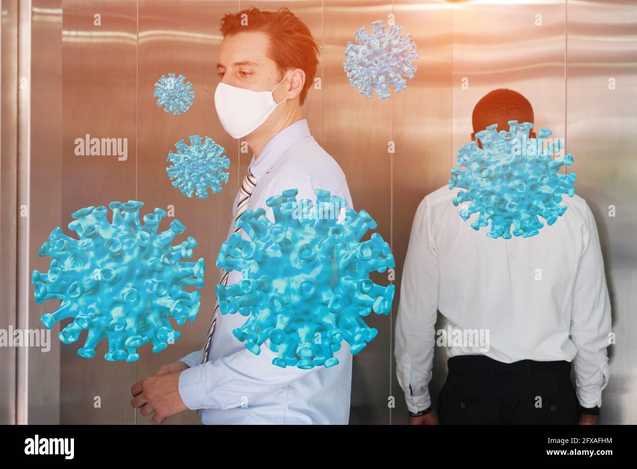 Social distancing in elevators coronavirus outbreak people stay in their zone not face each other. covid 19 protect. 3d virus Stock Photo
